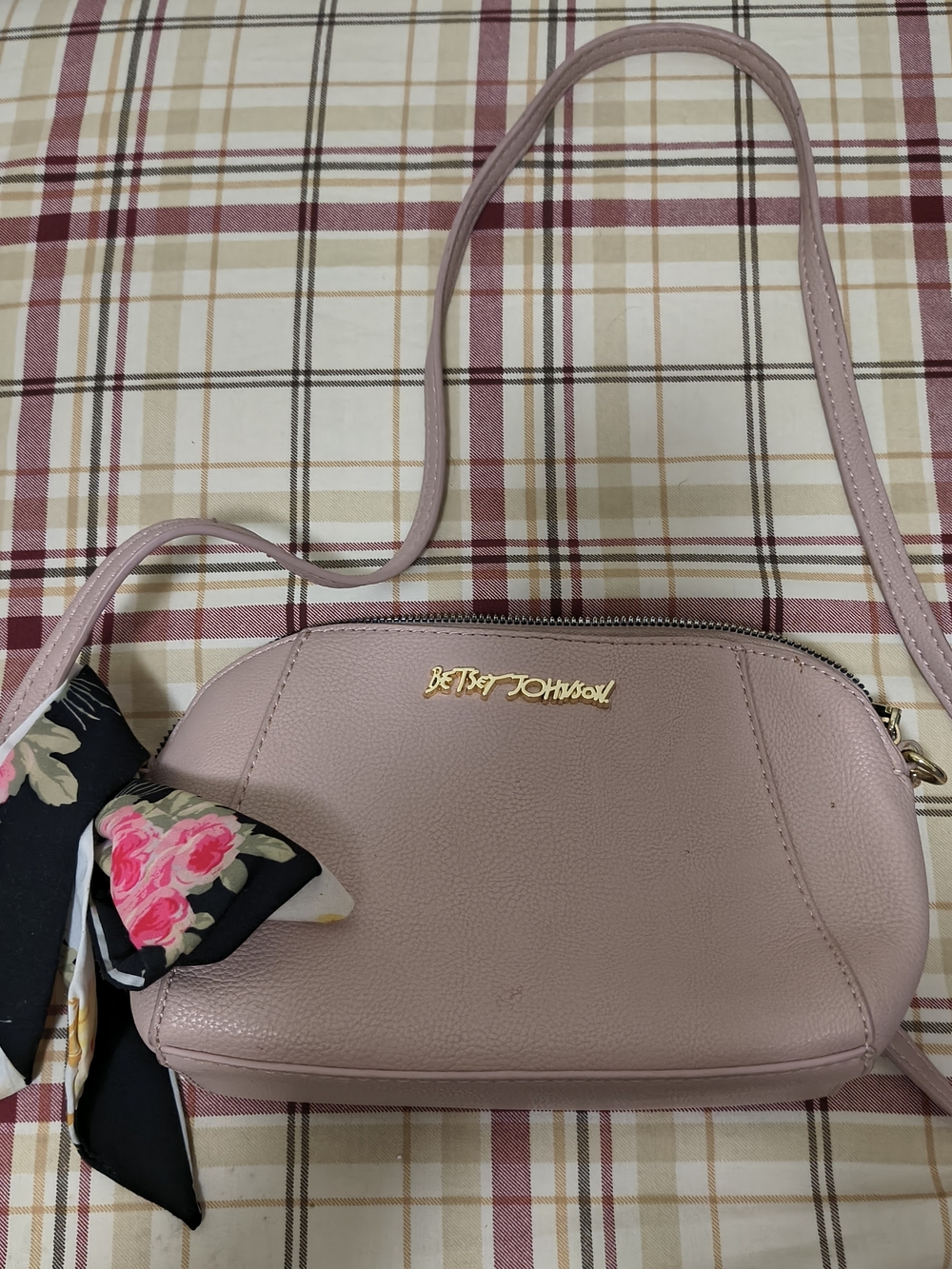 Betsey Johnson Dusty Pink Crossbody with Floral Scarf Accent